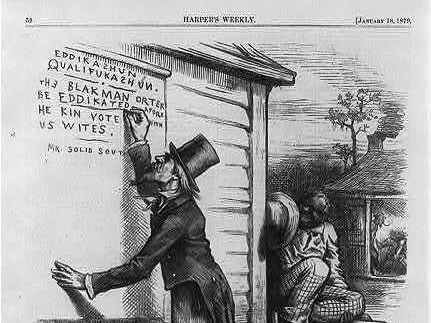 This editorial cartoon from a January 1879 edition of Harper's Weekly pokes fun at the use of literacy tests for blacks as voting qualifications.