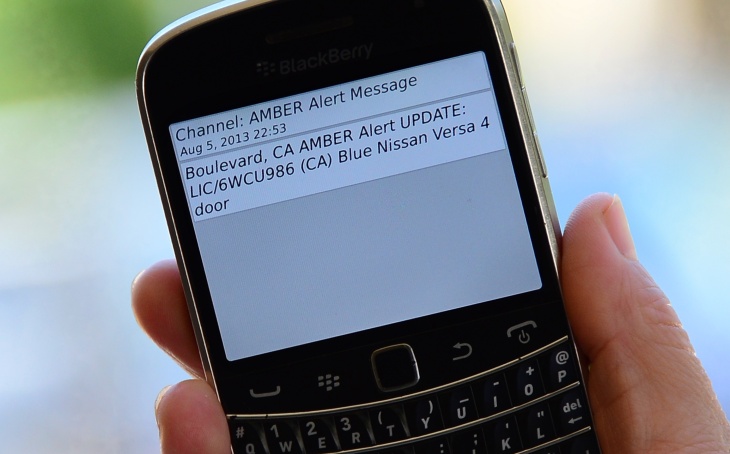 A cellphone displays the Amber Alert issued late on August 5, 2013 in Los Angeles, California, which marked the first time officials have notified the public of a statewide Amber Alert through their cellphones.