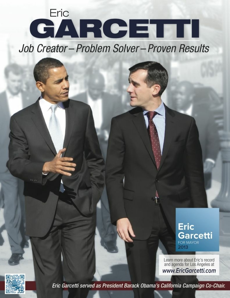 A Garcetti campaign mailer targeting African-American voters shows the mayoral campaign with the president. Garcetti served as chairman of then-candidate Obama's California campaign in 2008