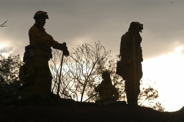A hand crew takes a break during the 2007 Santiago Fire in Orange County.