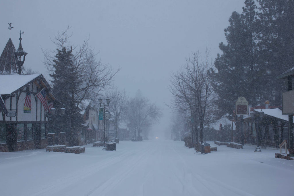Snow falls at Bear Mountain Ski Resort during a recent snow storm.
