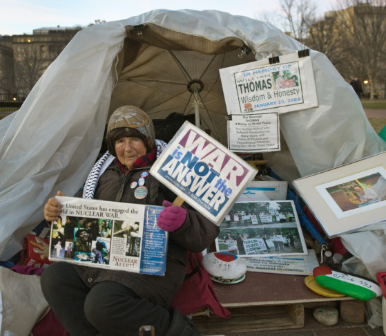 Concepcion Picciotto, also known as Conchita or Connie, is seen at her daily protest in front of the White House on March 5, 2010 in Washington, DC. Picciotto has lived in the small camp on Lafayette Square directly opposite the presidential mansion since