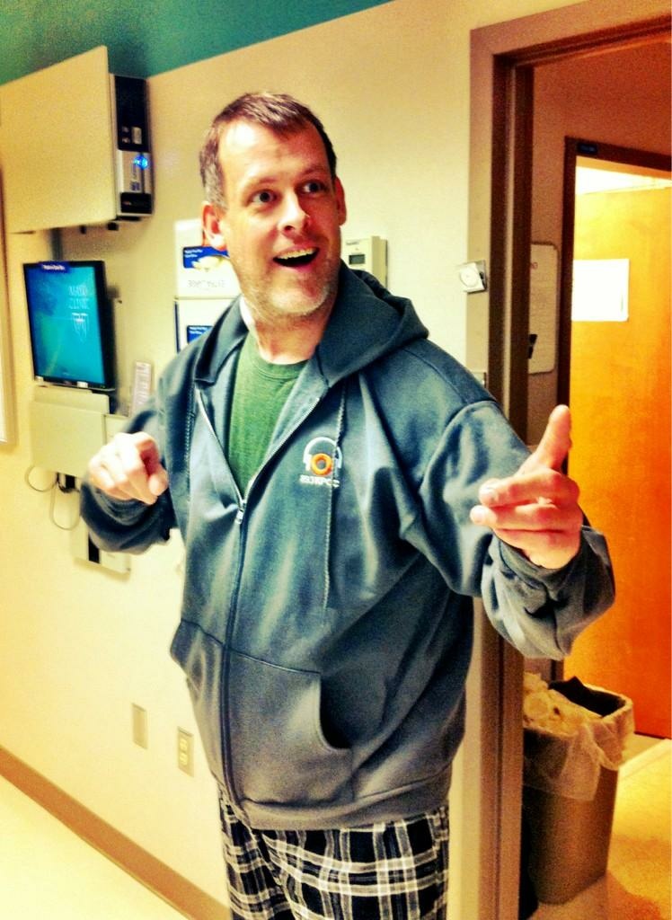 James Rabe, with new kidney (not shown) and KPCC fleece hoodie (shown).