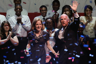 California Governor-elect Jerry Brown (R) with his wife Anne Gust-Brown after speaking to supporters as he celebrates his win during an election night party at Fox Theatre on November 2, 2010 in Oakland, California. Jerry Brown defeated republican challenger and former eBay CEO Meg Whitman.