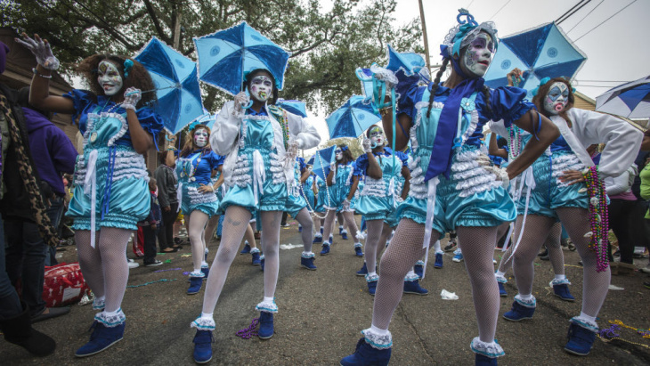 The Baby Doll Ladies pose during Mardi Gras in New Orleans on Tuesday.