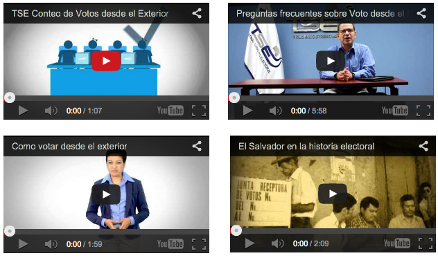 A government electoral website features instructional videos for Salvadoran expatriates casting ballots from abroad.
