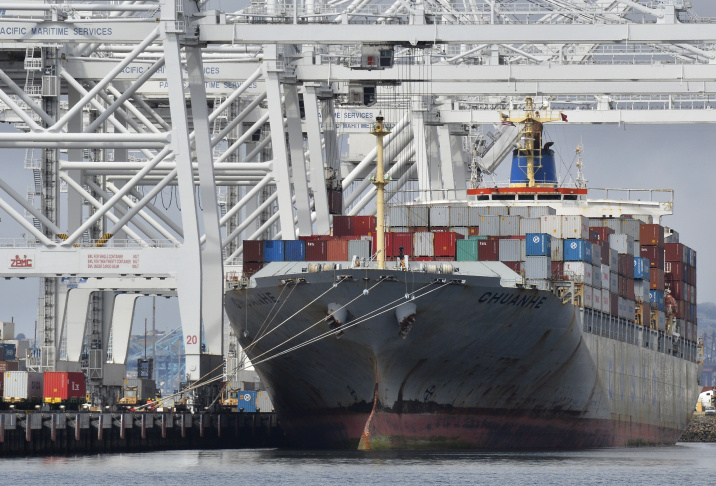A cargo ship stands on Long Beach