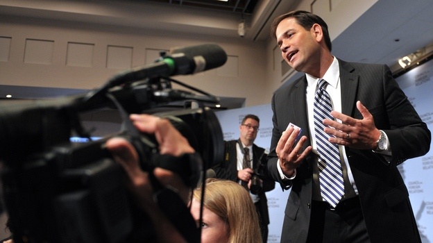Sen. Marco Rubio, R-Fla., leaves the stage after speaking at the Council on Foreign Relations on May 31 in New York.