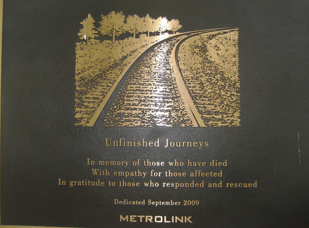 A plaque at Los Angeles' Union Station entitled "Unfinished Journeys" honors the passengers and rescuers who were affected by the Sept. 12, 2008 Metrolink crash in Chatsworth.
