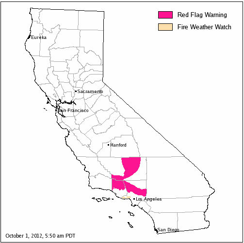 A map of the areas affected by the red flag warning.