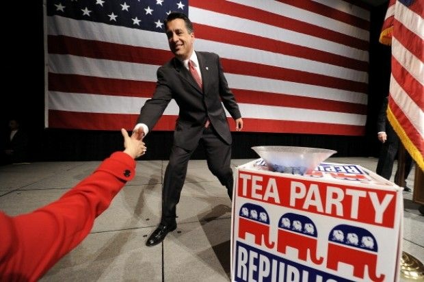 Governor-elect Brian Sandoval of Nevada shakes hands with a supporter on election night. November 2, 2010