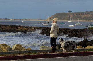 A woman watches as tsunami surges hit the coast on March 11, 2011 in Half Moon Bay, California.