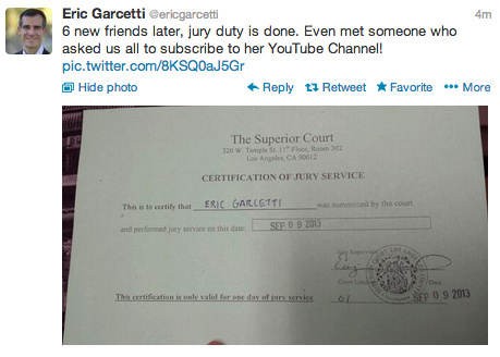 Mayor Eric Garcetti was excused from jury duty Monday afternoon. Back to mayorin'!