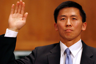 University of California at Berkley Law Professor Goodwin Liu swears an oath of truth before testifying to the Senate Judiciary Committee during his confirmation hearing to be U.S. Circuit Judge for the Ninth Circuit April 16, 2010 in Washington, DC.