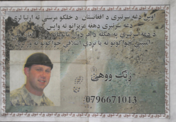 A pamphlet, appealing for information on one of two US soldiers who went missing from their base, is seen in Kabul on July 25, 2010. An extensive ground and air search was underway on July 25 for two American soldiers who went missing in Taliban territory in Afghanistan, military officials said, amid fears one of them had been killed. Nothing had been heard of the two, an official from NATO's International Security Assistance Force (ISAF) told AFP.