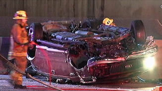 An SUV that crashed during a police chase on the northbound 5 Freeway east of Downtown Los Angeles on February 1, 2013.