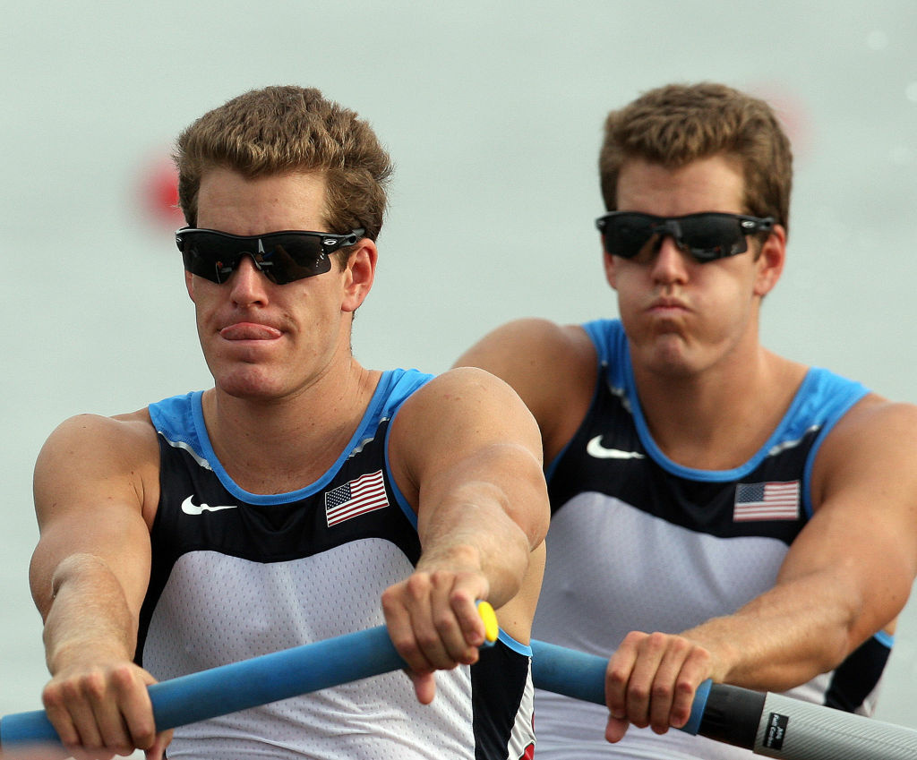 Tyler Winklevoss and Cameron Winklevoss at the start of the men's pair final during the 2008 Beijing Olympic Games in Beijing. The twins have started a venture capital fund and are looking to establish an office in L.A.