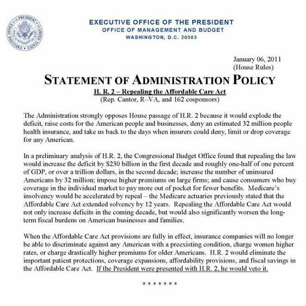 Statement of Administration Policy on Affordable Care Act