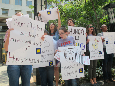 national sex kiss chick-fil-a patt morrison Protesters hold signs and shout slogans