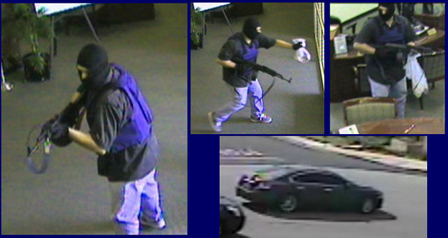 Surveillance pictures of the AK-Bandit on Wednesday, February 29, 2012, robbing the California Bank & Trust on the 5400 block of Riverside Drive in Chino, California. Investigators say he’s been using a Nissan Maxima as his getaway car.