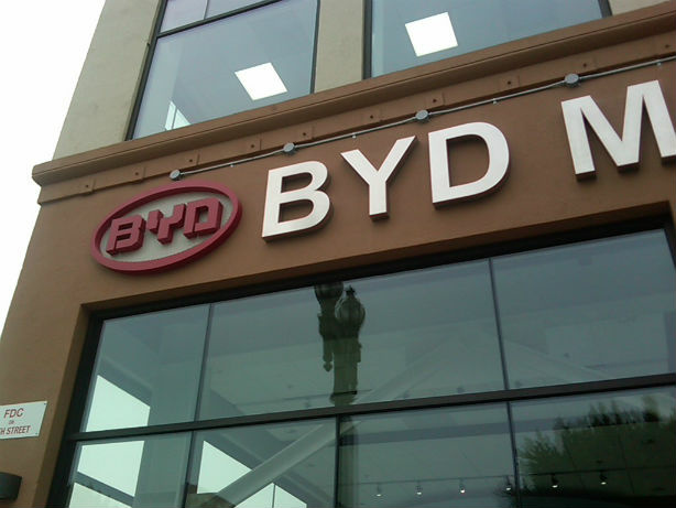 The downtown Los Angeles headquarters of BYD — it stands for "Build Your Dreams"