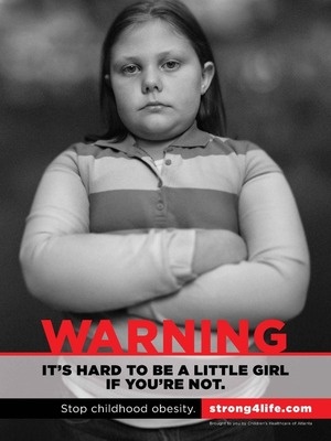 In one of the print ads in Children's Healthcare of Atlanta's Strong4Life campaign, a young girl says she doesn't like going to school, because "all the other kids pick on me. It hurts my feelings."
