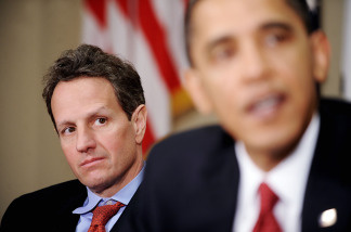 Timothy Geithner, Secretary of the Treasury looks on as President Barack Obama speaks during a meeting with CEOs of several small and community banks December 22, 2009 in the Roosevelt Room at the White House in Washington, DC. They discussed lending to small businesses and regulatory reform among other topics.