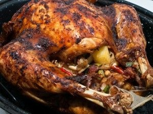 A "Chinese American turkey" stuffed with sticky rice, red chili pepper, water chestnuts, Taiwanese sausage and other goodness, November 2010