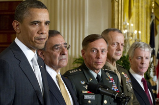 From left to right: President Barack Obama; Secretary of Defense Leon Panetta; General David Petraeus before being named CIA Director; General John Allen, commander for U.S. forces in Afghanistan; and Ryan Crocker as the U.S. ambassador to Afghanistan.