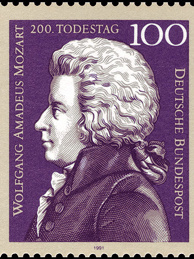 German stamp marking 200th anniversary of Mozart's death.