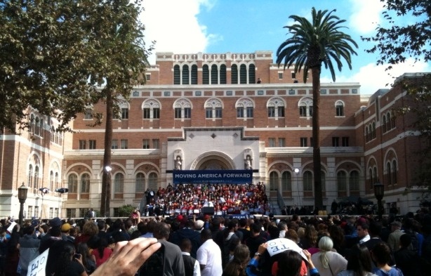 President Barack Obama is seen addressing the crowd at USC during a Democratic rally, Oct. 22, 2010.