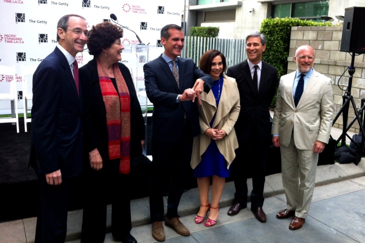 May 6, 2013: LA Mayor Eric Garcetti clowns at Pacific Standard Time LA/LA event in downtown LA, at which the Getty Foundation announced $5m in PST LA/LA research grants.
