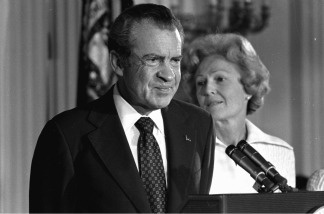President Richard M. Nixon and his wife Pat Nixon are shown standing together in the East Room of the White House in Washington, on Aug. 9, 1974.
