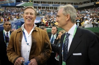 Hall of famer John Elway (left) and ESPN commentator Trey Wingo on the field prior to Super Bowl XLIII between the Arizona Cardinals and the Pittsburgh Steelers on Feb. 1, 2009 in Tampa, Florida.