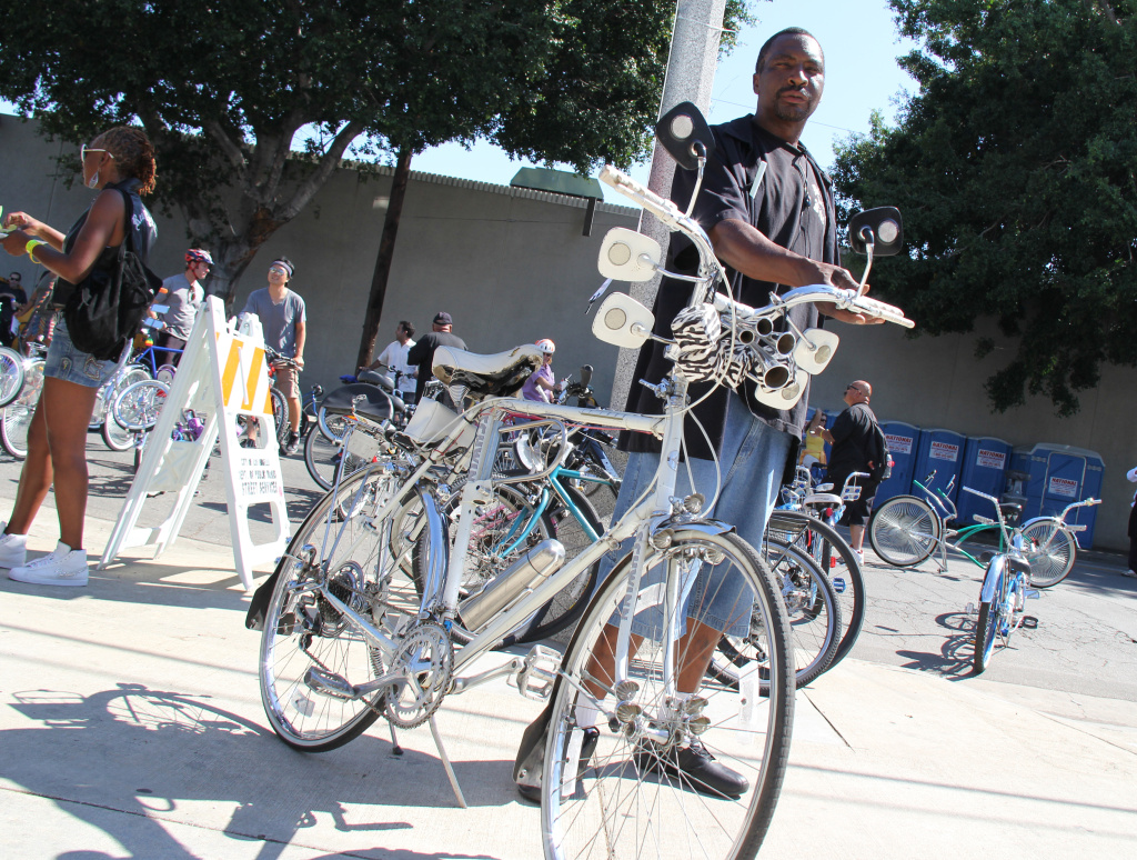 File: "Detail" Ron, the roll captain of L.A.'s Real Rydaz low rider bike club outside the African American Firefighter Museum, one of the end points of L.A.'s third CicLAvia event on October 9, 2011.