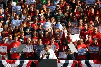 President Barack Obama appears at a Moving America Forward rally at the University of Southern California on October 22, 2010 in Los Angeles, California.