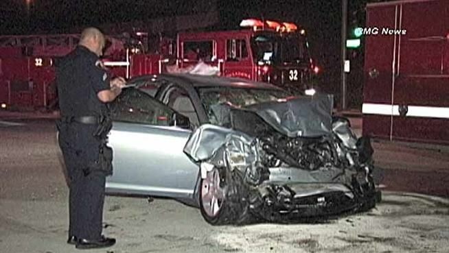This Chevy Malibu crashed into a fire engine in Pasadena on May 5, injuring four people.