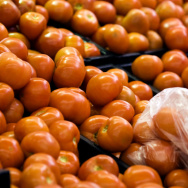 A woman picks tomatoes in a supermarket