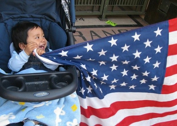 A baby at a May Day rally in downtown Los Angeles, May 1, 2010