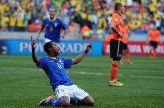 Robinho of Brazil celebrates scoring the opening goal during the 2010 FIFA World Cup South Africa Quarter Final match between Netherlands and Brazil at Nelson Mandela Bay Stadium on July 2, 2010 in Nelson Mandela Bay/Port Elizabeth, South Africa.