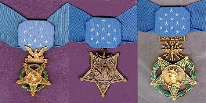 From left to right, the Army, Navy/Marine Corps/Coast Guard, and Air Force medals.