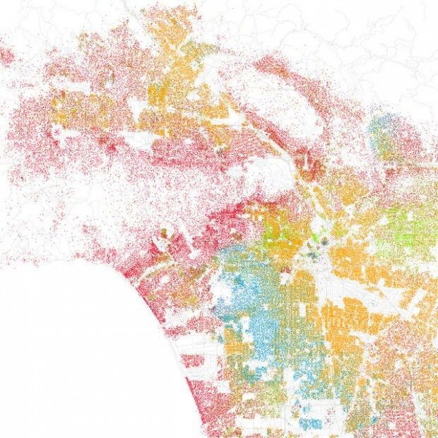 A color-coded ethnicity map of the Los Angeles area, based on older census data
