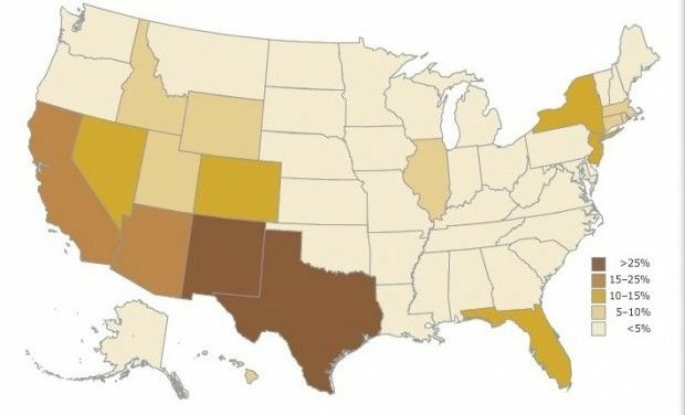 Screen shot of interactive map showing percentage of Latino registered voters (Source: Pew Hispanic Center)