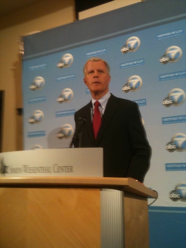 Former Congressman Tom Campbell speaks with reporters at the Museum of Tolerance in L.A., where he debated his two opponents in the race for the Republican nomination for U.S. Senate in California.