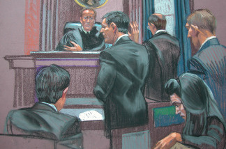 This court drawing shows Frank DiPascali (C), Bernard Madoff's right-hand man, taking the oath before being charged at the New York Federal court on August 11, 2009.