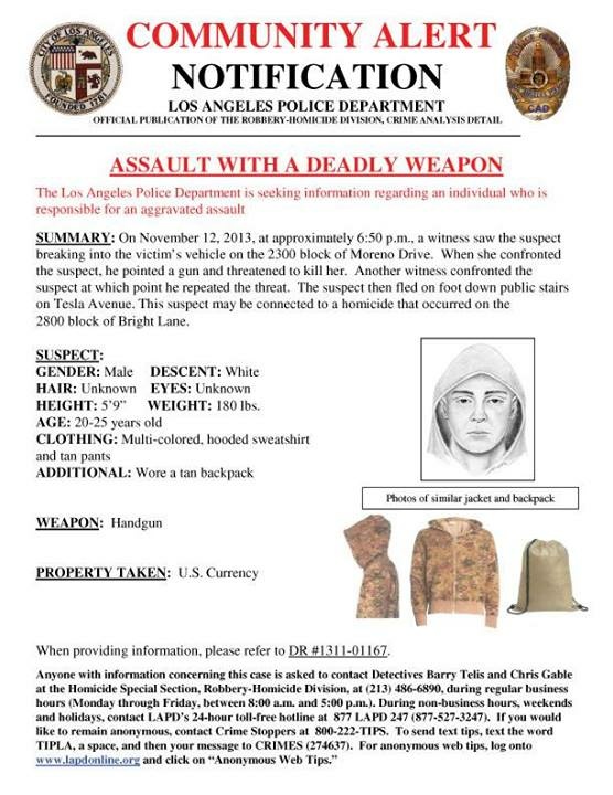 This LAPD alert includes a sketch of a suspect possibly connected with the murder of Assemblyman Mike Gatto's father, Joseph Gatto.