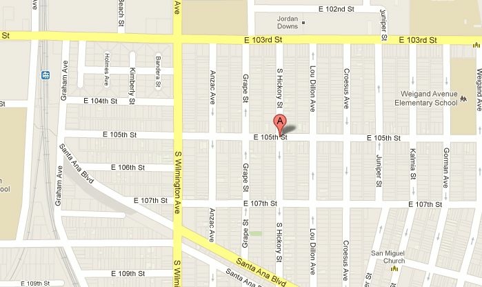East 105th and Hickory streets in Watts, where a 1-year-old baby was shot and killed on Monday, June 4, 2012.