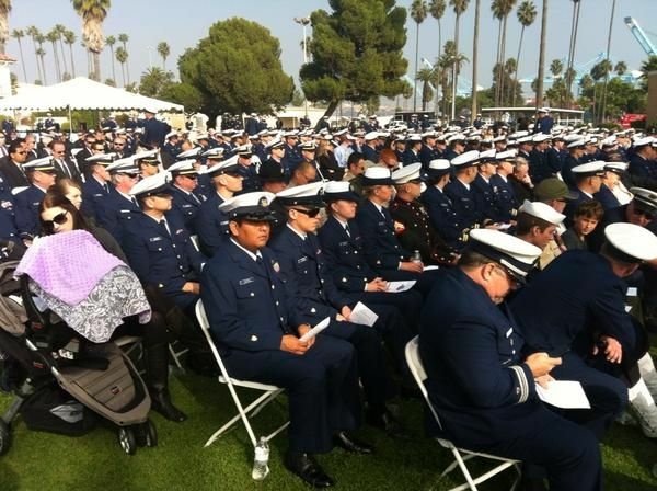 Dozens of US Coast Guard members pay respects to slain Chief Petty Officer Terrell Horne at Terminal Island memorial, Dec. 8, 2012.