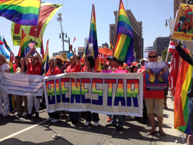 Protesters from an LGBT advocacy group prepare to march in Wednesday's May Day rally in Los Angeles. The crowd marching for immigration reform reflected how the reform movement has become more diverse since the historic marches of 2006, with greater involvement from Asian Americans, gays and lesbians, and others who have a stake in the debate.