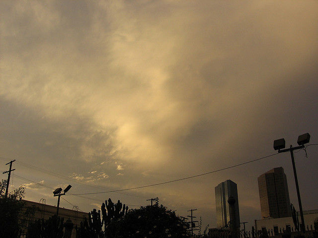 Grey clouds hang in Los Angeles skies.